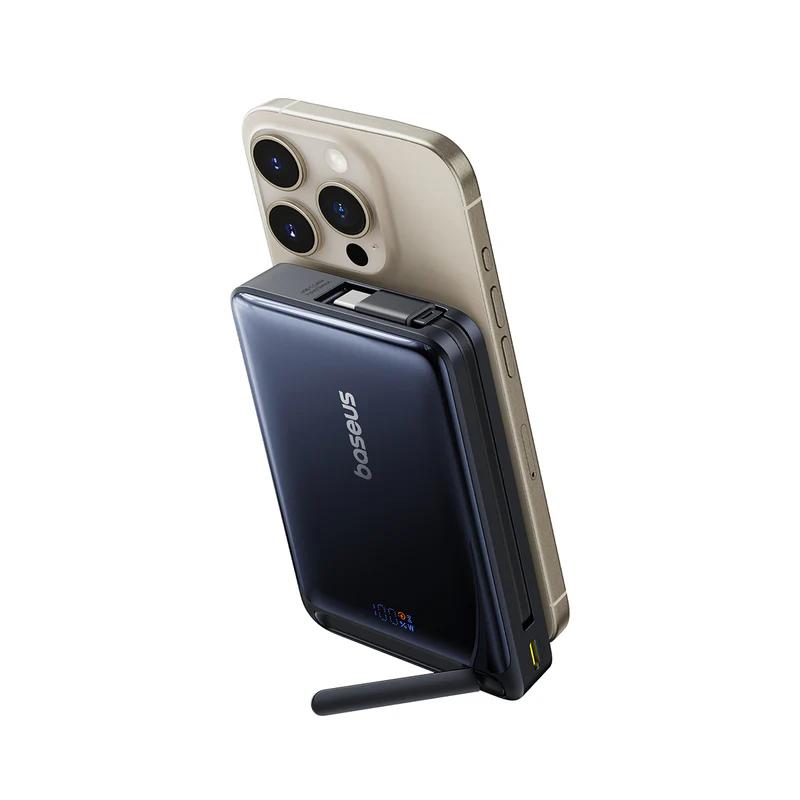 POWER BANK Baseus Nomos Qi2 Kickstand, display, capacitate 10000mAh, 45W, cablu integrat USB Type-C, 1 x USB Type-C, 1 x USB, total 5V/3A, negru, Cod Produs: P10078800123-00 [4]