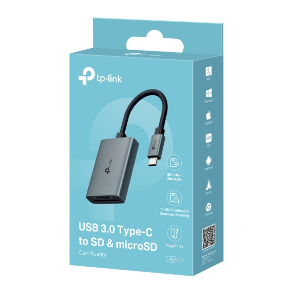 CARD READER extern TP-Link, interfata USB Type-C, citeste/scrie: SD si microSD,  suporta carduri maxim 1 TB, lungime cablu 15 cm, metalic, gri Cod Produs: UA430C [8]