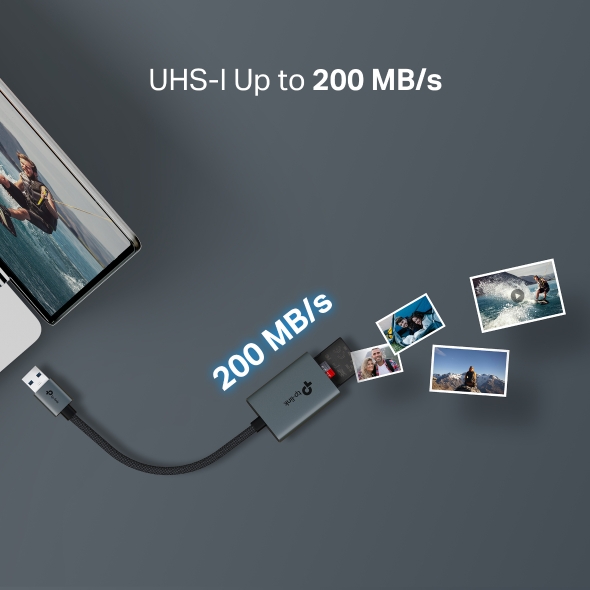 CARD READER extern TP-Link, interfata USB 3.0, citeste/scrie: SD si microSD,  suporta carduri maxim 1 TB, lungime cablu 15 cm, metalic, gri Cod Produs: UA430 [6]