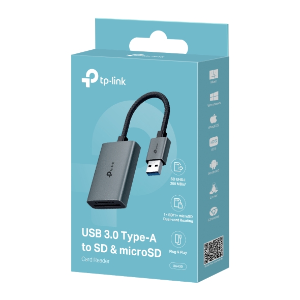 CARD READER extern TP-Link, interfata USB 3.0, citeste/scrie: SD si microSD,  suporta carduri maxim 1 TB, lungime cablu 15 cm, metalic, gri Cod Produs: UA430 [8]
