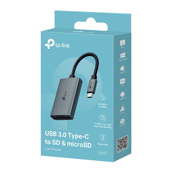 CARD READER extern TP-Link, interfata USB Type-C, citeste/scrie: SD si microSD,  suporta carduri maxim 1 TB, lungime cablu 15 cm, metalic, gri Cod Produs: UA440C [9]
