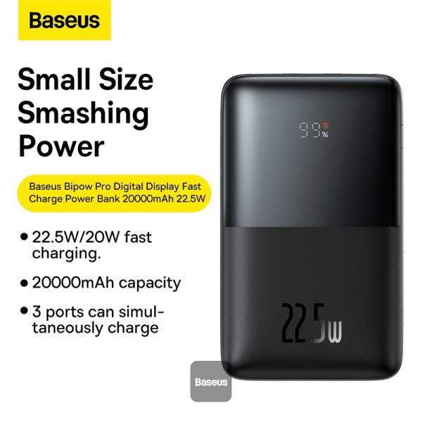 POWER BANK Baseus Bipow Pro, 20000mAh, PD 22.5W, 2 x USB; 1 x USB Type-C, digital display pt. status baterie, include cablu USB la USB Type-C de 30 cm, negru Cod Produs: PPBD040301 [3]