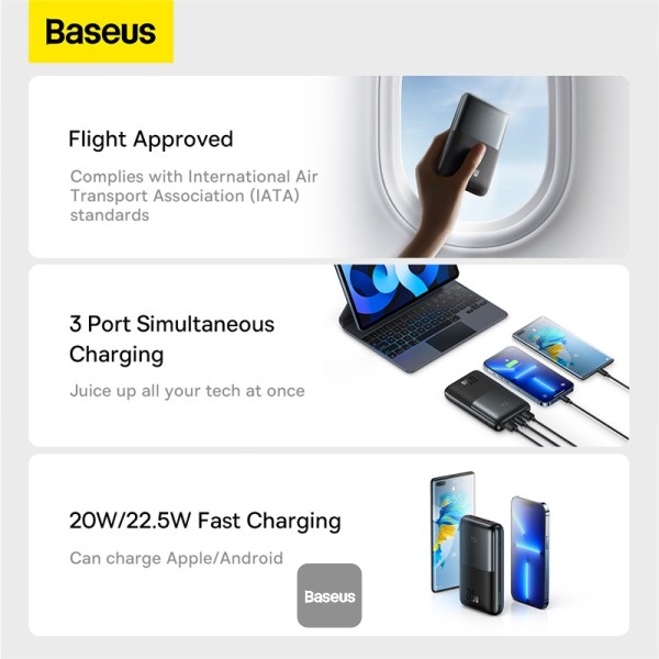 POWER BANK Baseus Bipow Pro, 20000mAh, PD 22.5W, 2 x USB; 1 x USB Type-C, digital display pt. status baterie, include cablu USB la USB Type-C de 30 cm, negru Cod Produs: PPBD040301 [2]
