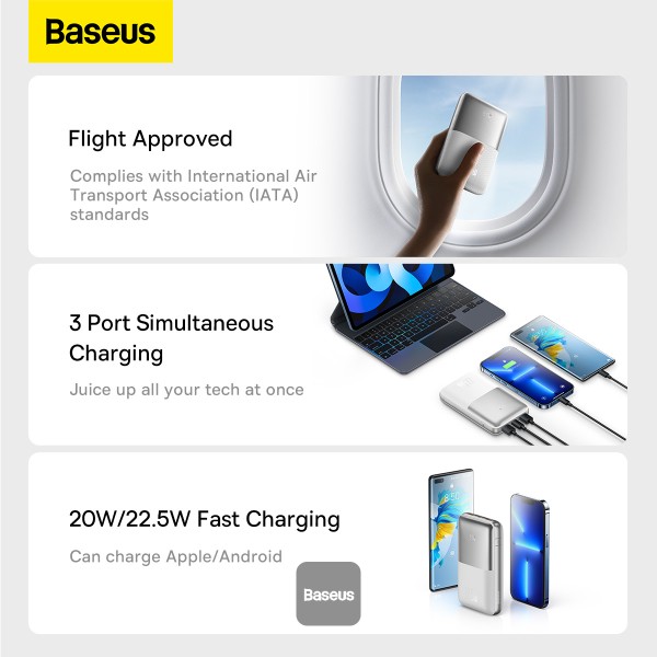 POWER BANK Baseus Bipow Pro, 20000mAh, PD 22.5W, 2 x USB; 1 x USB Type-C, digital display pt. status baterie, include cablu USB la USB Type-C de 30 cm, alb Cod Produs: PPBD040302 [3]