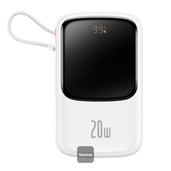 Power bank - POWER BANK Baseus Qpow Pro Digital Display, 10000mAh, 20W, 1 x cablu integrat Iphone Lightning output, 1 x USB, 1 x USB Type-C, alb Cod Produs: PPQD060002