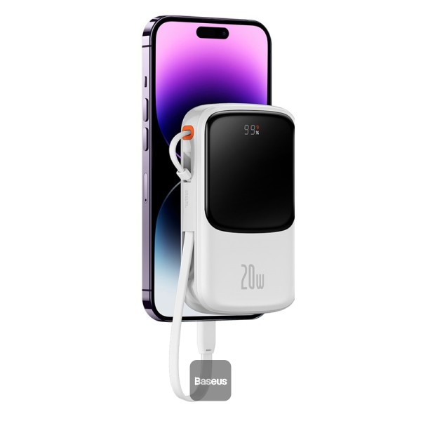POWER BANK Baseus Qpow Pro Digital Display, 10000mAh, 20W, 1 x cablu integrat Iphone Lightning output, 1 x USB, 1 x USB Type-C, alb Cod Produs: PPQD060002 [1]