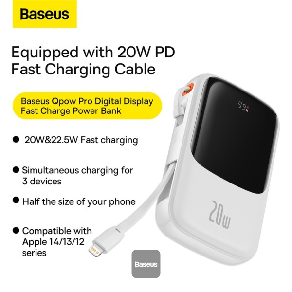 POWER BANK Baseus Qpow Pro Digital Display, 10000mAh, 20W, 1 x cablu integrat Iphone Lightning output, 1 x USB, 1 x USB Type-C, alb Cod Produs: PPQD060002 [3]