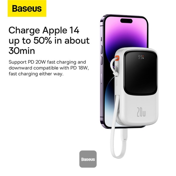 POWER BANK Baseus Qpow Pro Digital Display, 10000mAh, 20W, 1 x cablu integrat Iphone Lightning output, 1 x USB, 1 x USB Type-C, alb Cod Produs: PPQD060002 [2]