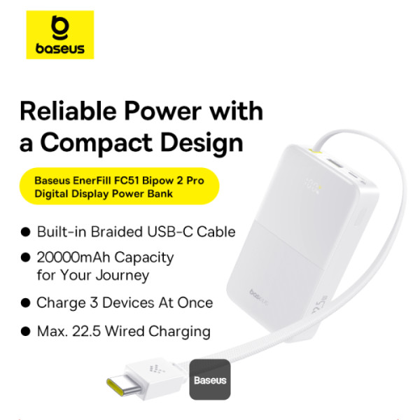 POWER BANK Baseus EnerFill FC51 Bipow2 Pro, 20000mAh, PD 22.5W, 1 x USB; 1 x cablu integrat USB Type-C, 1 x Type-C, digital display pt. status baterie,total 2.4A, alb Cod Produs: E0027700 [3]