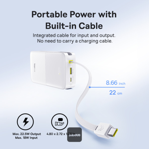 POWER BANK Baseus EnerFill FC51 Bipow2 Pro, 20000mAh, PD 22.5W, 1 x USB; 1 x cablu integrat USB Type-C, 1 x Type-C, digital display pt. status baterie,total 2.4A, alb Cod Produs: E0027700 [2]