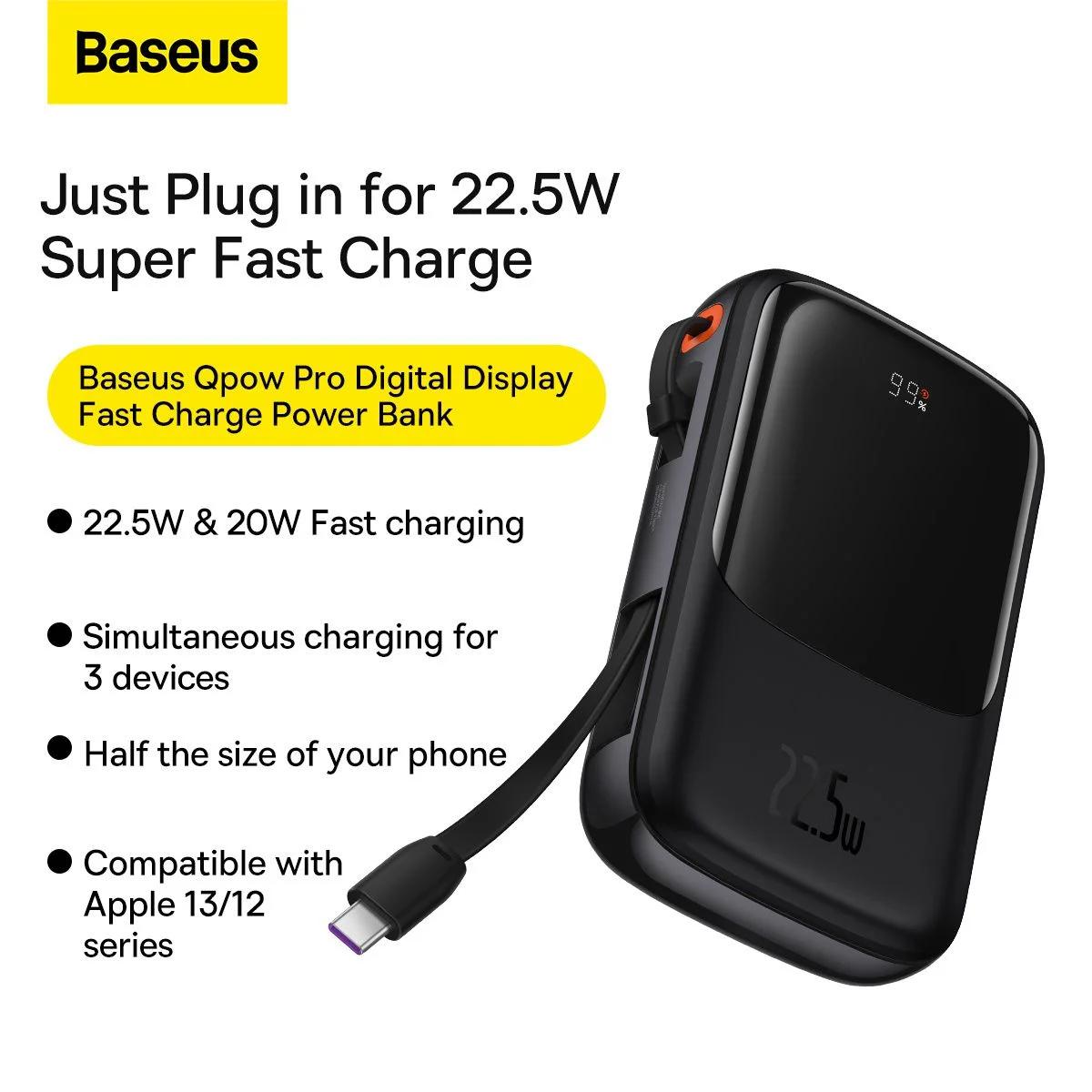 Power bank - POWER BANK Baseus Qpow Pro Digital Display, 10000mAh, 22.5W, 1 x cablu integrat USB Type-C output/input, 1 x USB, 1 x Lightning, negru, Cod Produs: PPQD020101