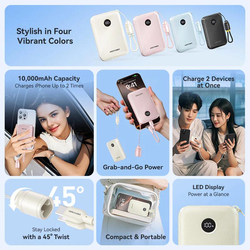 POWER BANK Vention 10000mAh Power Bank (USB-C + USB-C/USB-C/USB-A) with Built-in USB-C to USB-C Cable 22.5W Beige LED Display Type , Cod Produs: FKAN0-C [1]