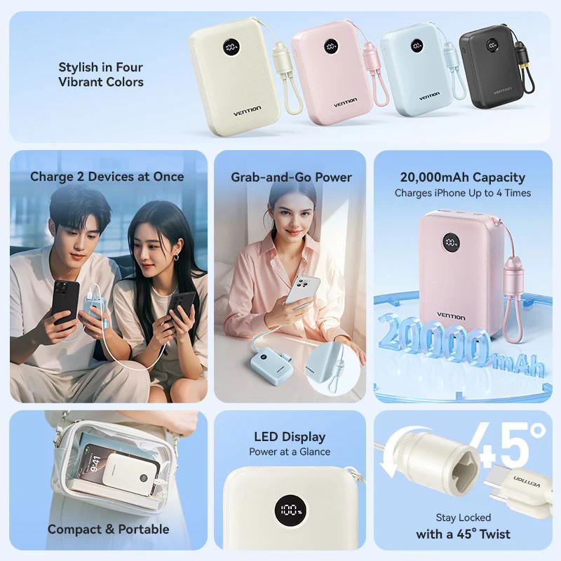 POWER BANK Vention 20000mAh Power Bank (USB-C + USB-C/USB-C/USB-A) with Built-in USB-C to USB-C Cable 22.5W Beige LED Display Type , Cod Produs: FKBN0-C [2]