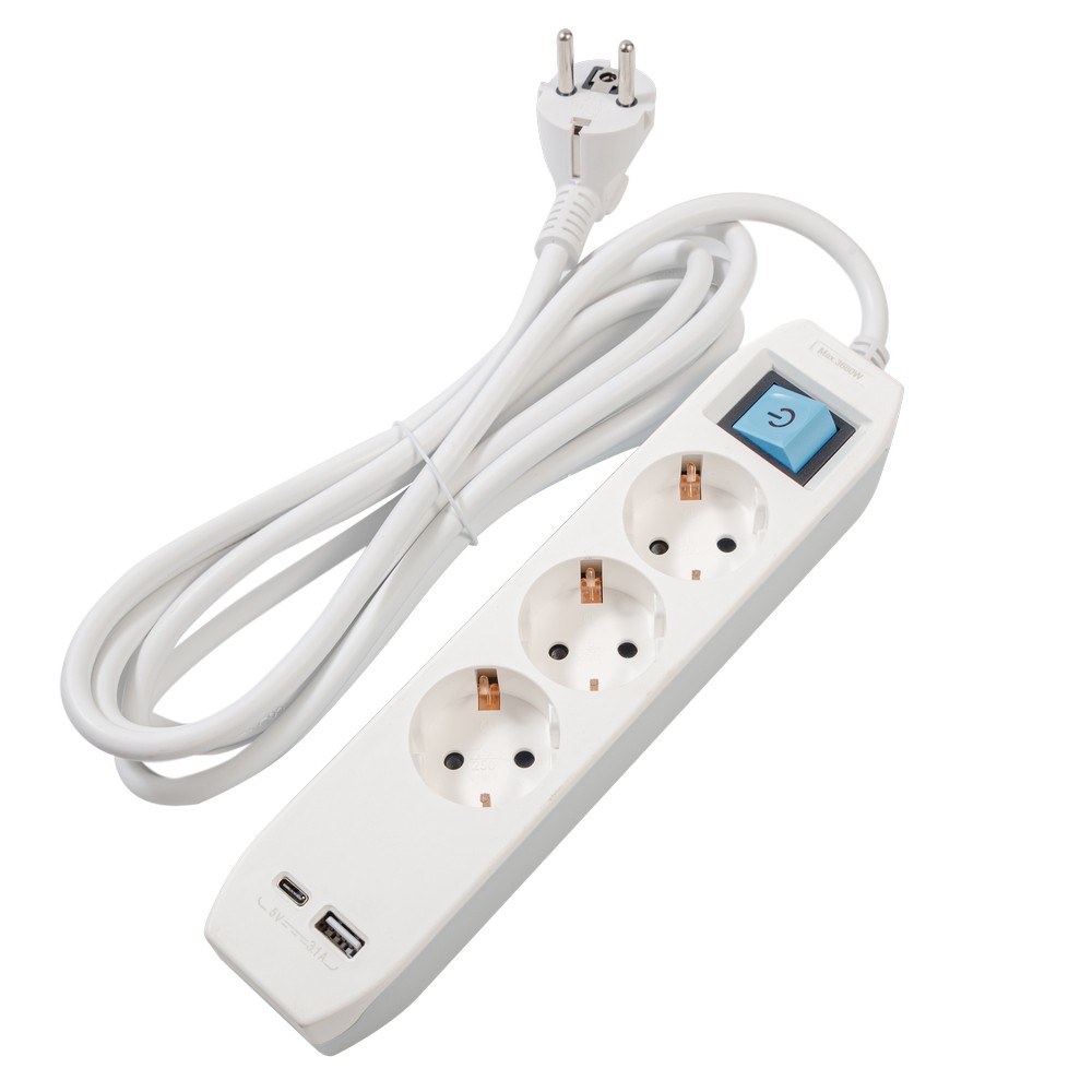 PRELUNGITOR SPACER, Schuko x 3, conectare prin Schuko (T),Type-C x1,  USB x 1, 3.1A,  cablu 1.8m, 16 A, max. 3500W, protectie copii, Intrerupator, Gri, Cod Produs: PP-3-18-TC-USB [3]