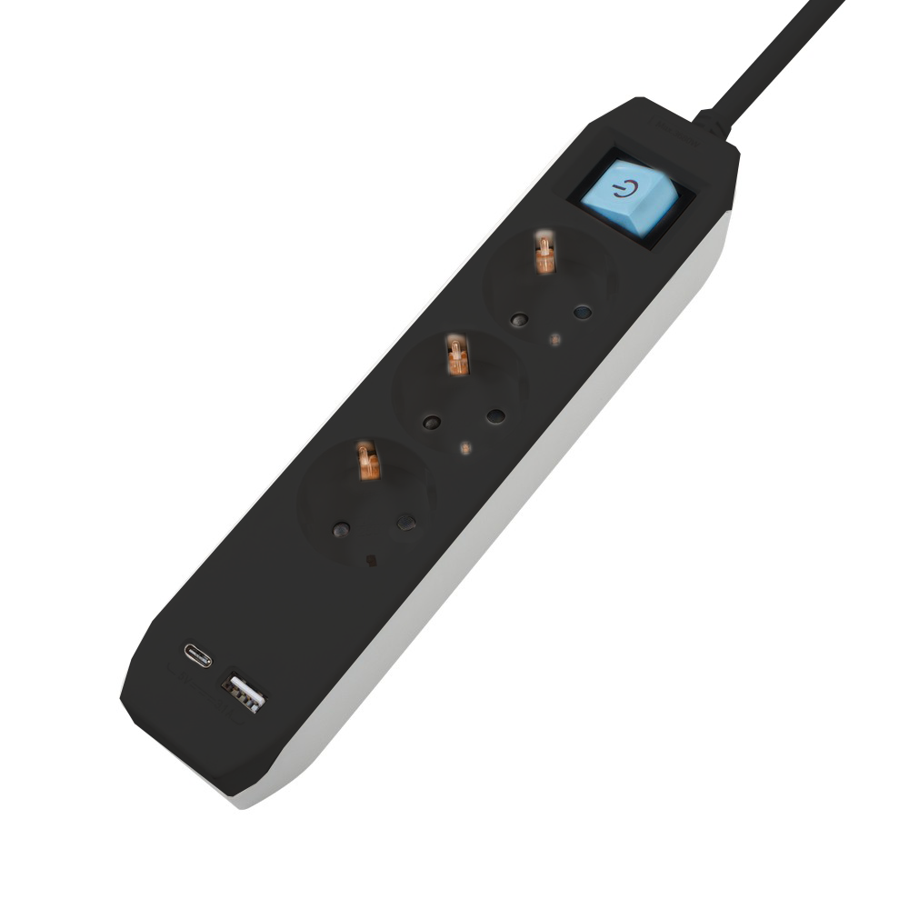 Prize si prelungitoare - PRELUNGITOR SPACER, Schuko x 3, conectare prin Schuko (T),Type-C x1,  USB x 1, 3.1A,  cablu 1.8m, 16 A, max. 3500W, protectie copii, Intrerupator, Negru, Cod Produs: PP-3-18B-TC-USB