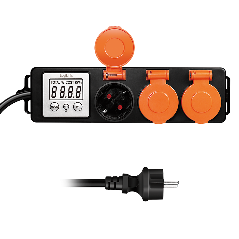 PRELUNGITOR LOGILINK, Schuko x 3, cablu 3G 1.5mm2, 230 V/16 A, 50 Hz, max. 3500 W, contor cost energetic, LCD, 3 butoane operare, IP44, de exterior, 1.4m, negru-portocaliu, Cod Produs: EM0008 [1]