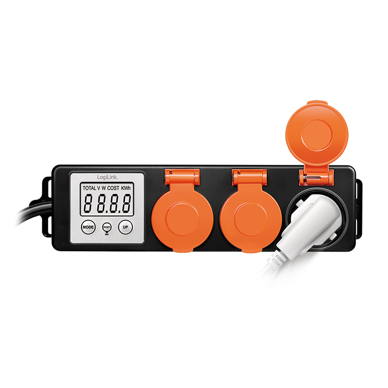 PRELUNGITOR LOGILINK, Schuko x 3, cablu 3G 1.5mm2, 230 V/16 A, 50 Hz, max. 3500 W, contor cost energetic, LCD, 3 butoane operare, IP44, de exterior, 1.4m, negru-portocaliu, Cod Produs: EM0008 [2]