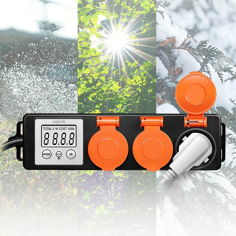 PRELUNGITOR LOGILINK, Schuko x 3, cablu 3G 1.5mm2, 230 V/16 A, 50 Hz, max. 3500 W, contor cost energetic, LCD, 3 butoane operare, IP44, de exterior, 1.4m, negru-portocaliu, Cod Produs: EM0008 [3]