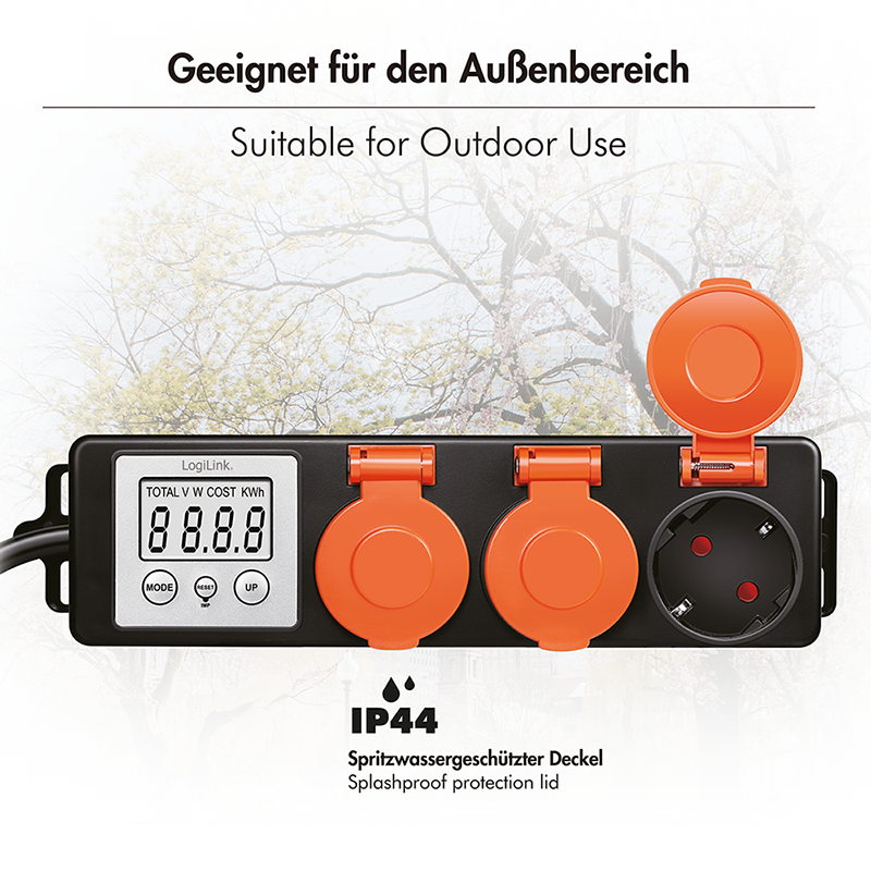 PRELUNGITOR LOGILINK, Schuko x 3, cablu 3G 1.5mm2, 230 V/16 A, 50 Hz, max. 3500 W, contor cost energetic, LCD, 3 butoane operare, IP44, de exterior, 1.4m, negru-portocaliu, Cod Produs: EM0008 [4]