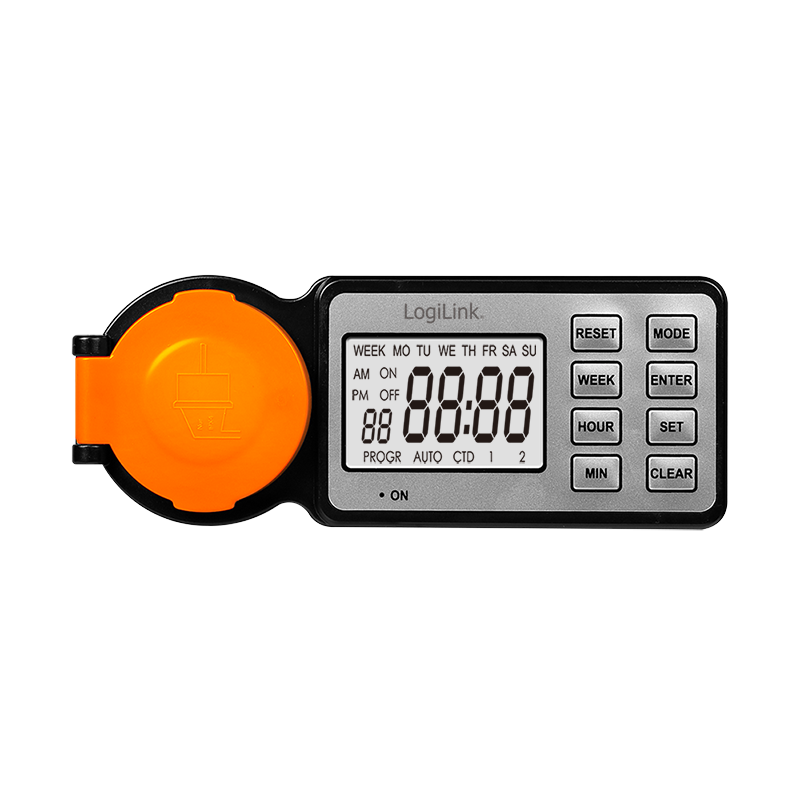 PRELUNGITOR LOGILINK, Schuko x 1, 230 V/16 A, 50 Hz, max. 3500 W, timer, LCD, 8 butoane operare, IP44, de exterior, negru-portocaliu, Cod Produs: ET0016 [2]